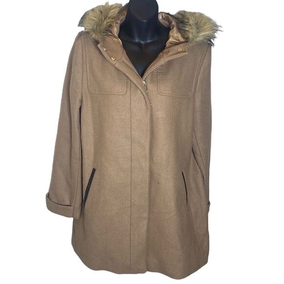 Cole haan signature jacket 12 wool heavy zip/button front faux fur hood jacket - Picture 1 of 9